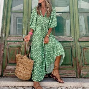 Abiti da festa Estate Manica a sbuffo Boho Maxi Abito Donna Elegante 2024 Casual Coulisse floreale con scollo a V Allentato Vacanza Abiti da spiaggia