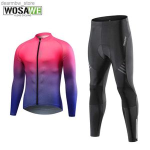 Cykeljackor Wosawe Mens Cycling Set Spring Long Sleeve Jersey Set gel vadderade rembyxor Reflekterande cykelkläder ridande cykel sportkläder24329