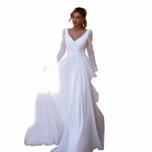 lovedr Boho V-Neck Wedding Dr For Women Lg Sleeves Pleats A-Line Simple Chiff Bride Gown Sweep Train Vestido de Novia M1PK#