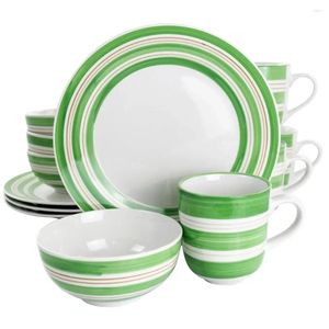 Plates Dinner Set And Dishes Sunset Stripes 12 Piece Round Fine Ceramic Dinnerware In Green