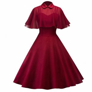 Eleganckie imprezowe dres dla kobiet 2024 Zrzuć kołnierz szyff Cape Vintage dwuczęściowy Dr Women 50S A line midi huśtawka dr H9en#