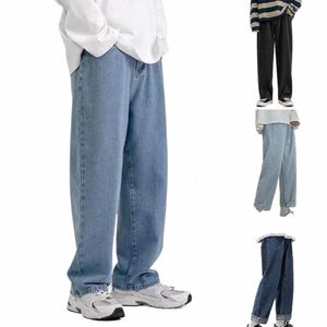 men Jeans Wide Leg Straight Loose Full Length Solid Color Pockets Butt Zipper Closure Soft Retro Streetwear Men Lg Pants I3rB#