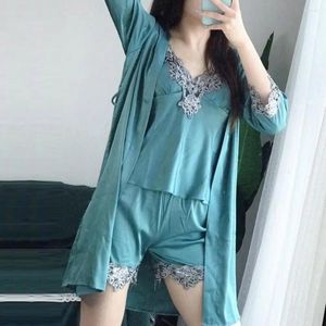 Home Clothing 5 Pcs Women Pajamas Suit Nightgown Nightdress Top Shorts Pants Set Silky Satin Lace Patchwork Homewear Sleepwear