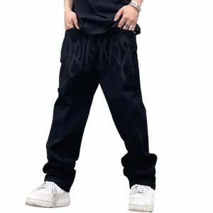 uomini neri larghi stampati jeans Hip Hop adolescente ragazzo streetwear skateboard Y2K pantaloni vintage lettera ricamata jeans hot Y8al #