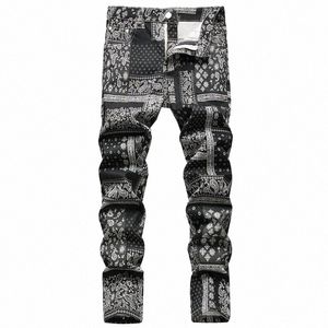 Autumn Printed Paisley Mens Jeans Fi Classic Daily Regular Fit Casual Stretch Pants Man Loose Jeans Hombre byxor U74H#