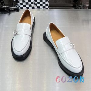 Casual Shoes Shiny White Leather Flower Crystal Buckle Decor Flat Loafers Round Toe Square Heel All Season Women's