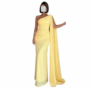 sjöjungfru gul chiff prom drar en axel specail party kvinnor prom klänningar golvlängd formell kväll dr a3zs#