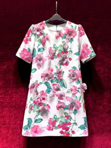 2024 Spring White Pink Floral Print Dress Short Sleeve Round Neck Rhinestone Knee-Length Casual Dresses X4M2612306