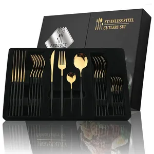 Dinnerware Sets Portuguese Stainless Steel Cutlery Set 24 Pieces Black Handle Gold Holiday Kitchen Gift