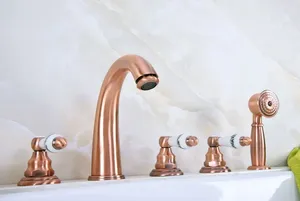 Bathroom Sink Faucets Antique Red Copper Brass Deck 5 Holes Bathtub Mixer Faucet Handheld Shower Widespread Set Basin Water Tap Atf234