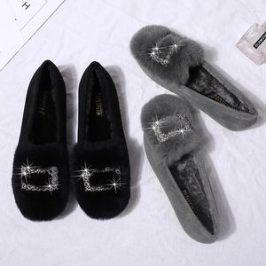 Casual Shoes Real Hair Flats Cotton Rhinestone Metal Square Buckle Slip On Loafers Fur Soft Soled Anti-skid Moccasins Large Size