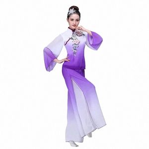 classical Dance Costume Female Elegant Chinese Fan Dance Natial Costume Vintage Umbrella Yangko Clothing for Stage Shows 34gM#