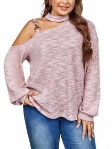 Gibsie Plus Size Cut Out Ombro Waffle Knit Tops para Mulheres 2023 Outono Inverno Gota LG Manga Casual Blusas Soltas Camisas 09eJ #