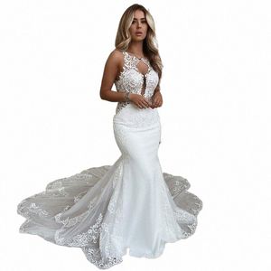 sexy sirena abito da sposa 2024 aperto indietro scollo plus size appliques in pizzo abito da sposa spazzata treno abiti da sposa personalizzato 43WA #