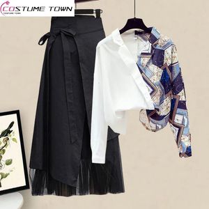 Spring and Summer Fashion Suit Womens Korean Version Westernstyle Patchwork Shirt Slimming Skirt Twopiece 240312