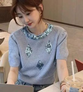 2024 Summer Sequins Designer Sweater Women Knit T-shirt Pullovers Elegant Korean Style Fashion Ladies Tops Tees Kort ärmhoppare