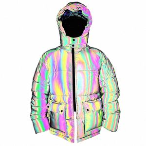 kolorowe odblaskowe mężczyźni grube kurtki 2020 Zima LG z kapturem z kapturem parki hip -hopowe punkowe płaszcze streetwearne odbijają lekkie ubranie C320#