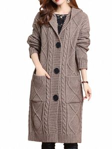 hooded Sweater Cardigan Lg Coats Womens Fall Winter Loose Thick Warm Knit Jackets Casual Single Breasted Knitwear Casaco New D2AH#