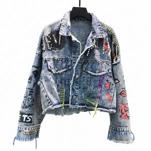 Manual rebite frisado linha borla carta graffiti impressão mulheres denim jaqueta primavera outono 2023 casual buraco denim jaqueta veste femme p7lK #