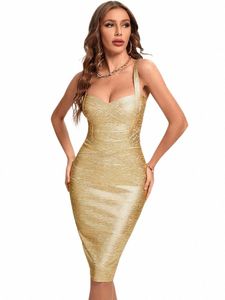 Beaukey Metallic Gold sier Spaghetti Strap HL bandage dr women sexy midi cocktail dr bodyc party club vestido xl y8c1＃