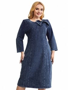 lih HUA Women's Plus Size Denim Dr Autumn Chic Elegant Dres For Chubby Women Cott Knitted Bow Knot Dr I7Be#