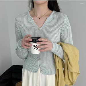 Kvinnors tröjor V-ringning Långärmad stickad tröja för kvinnor Enkelbröst Slim Knit Top Korean Gentle Temperament Threaded Tops