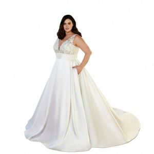 Klasyczna satynowa A-line Wedding Dres Plus Size V-Neck Tleevel Bride Suknie Kobiet 2023 Empire Sweep Train Vestido de Noiva K0jd#