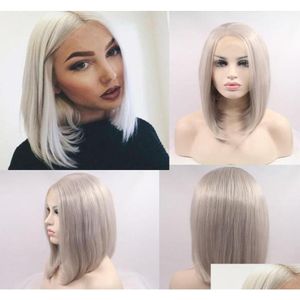 الباروكات الاصطناعية قصيرة Sier Gray Bob Lace Front for Women Fiber Platinum Blonde Hair Middle Part9920798 Drop Delivery Pro Otgaa