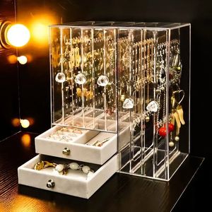 Caixa de jóias de plástico armazenamento para mulheres veludo gaveta organizador caixas colar pulseira brincos transparente expositor 240327