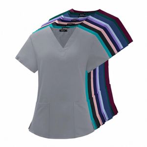 Summer Women's Short Sleeve V-Neck Pocket Care Workers T-shirt Topps Summer Workwear Top Sexig tryckt sjuksköterska Uniform Clinic Blus A376#