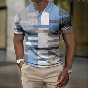 Модная мужская рубашка-поло в полоску с клетчатым принтом, винтажная одежда, высококачественная уличная повседневная свободная рубашка большого размера с короткими рукавами 240328