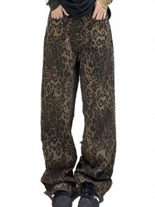 Leopard Print Y2K Dżinsy Kobiety Szerokie nogi wysokie Pantle Panties 2024 NOWOŚĆ WAGGY Casual Denim Fi Streetwear Retro proste dżinsy M6lf#