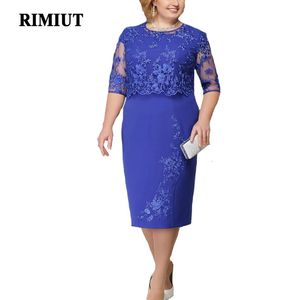 rimiut plus size 5xl 4xl女性夏の秋のドレスエレガントレースドレス女性ブルーイブニングパーティードレスベスティドビッグサイズ脂肪mm 240328