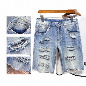 hip Hop Ripped Denim Shorts Men Summer New Streetwear Casual Fi Straight Jeans Knee Length Male Hole Short Pants s6g4#