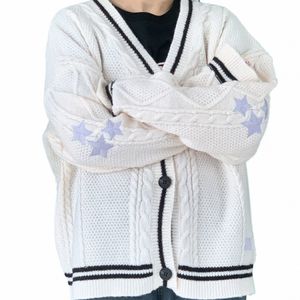 star Cardigan Women Oversized Butt Up Chunky Cable Knitted Sweater with Star Embroidery Sleeve Warm Knitwear Autumn Winter N4yy#