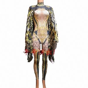 Kvinnor Ny FI 3D -tryck Jumpsuit outfit Fira Rhineste kostym kvinnlig sångare stora ärmar bodysuit prestanda slitage b3wc#