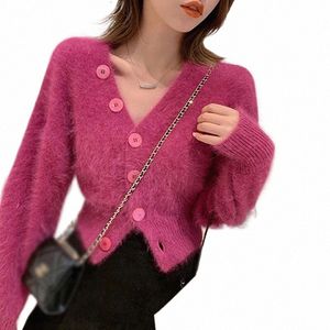 LG Manga V Neck Sweater Cardigan Imitati Mink Fleece Lantern Sleeves Sweet Retro Tops Mulher roupas tops mulher 2024 x1cM #