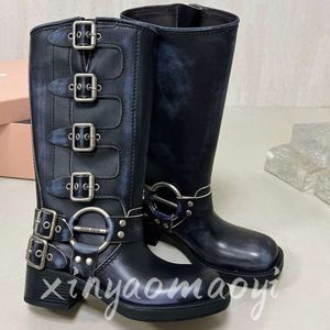 حزام البقر البقر البقر من الجلد راكب الدراجة النارية أحذية الركبة مكتنزة الكعب Zip Knight Boots Fashion Squً