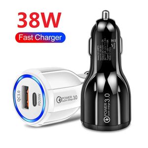 Snabb snabba dubbla portar USB C-billaddare 38W 20W 30W PD Type-C Car Charger drycker Anpassare för iPhone 13 14 15 Samsung HTC LG Android-telefon