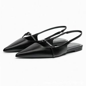 Traf Slingback Flat Bottom Women Sandals Summer Black Leather Pointed Woman Ballet Shoes Zaza Fashion Lowheel 240329