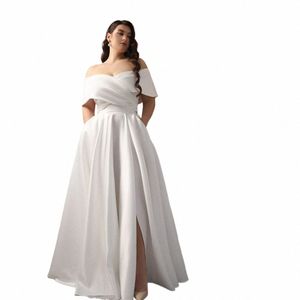 elegant Off The Shoulder Wedding Dres Plus Size V-Neck Bride Gowns Lace Up Side Split Floor Length Satin Vestido De Noiva C2JC#