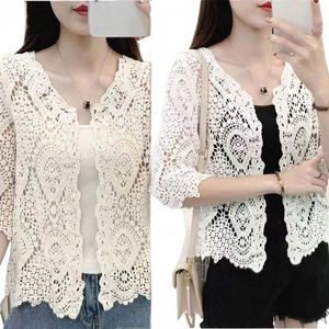 Coprispalle in pizzo lavorato a maglia da donna Boho Hollow Crochet floreale maniche a 3/4 aperto Frt cardigan corto elegante maglione a rete Coveup X1QC #