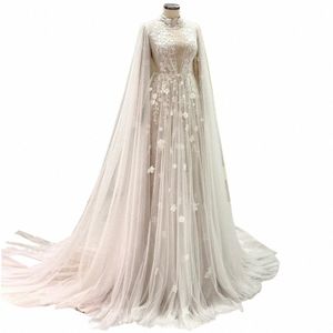 Muzułmańska suknia weselna Boho Cover Back Lg Wedding Dres for Women Lace Applique A-Line Tiul Sweep Train Vestido de novia v4hq#