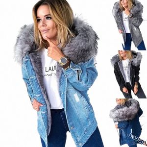 Kvinnor FI LG SLEEVE DENIM JACKA FAUX PUR COLTHEWED HODED COUT ATUMN VINTER VARMT TITTNA Ullfoder Denim Coat Ytterkläder 45Uy#