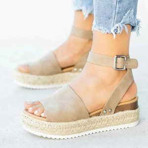 Sandalen Damen Sommer 2024 Wedge Mode Plus Size Leinen High Heel Plattform Fischmaul H240328ULMK