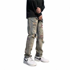 Fi Street tarzı yırtık skinny jeans erkekler vintage w katı denim pantolon erkekler rahat ince fit kalem denim pantolon sıcak satış b37s#