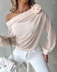 Blusas femininas elegantes outono moda diária cor sólida rosa detalhe ruched skew pescoço manga longa solto ajuste sheer chiffon topo