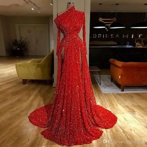 One Shoulder Red Sequined Formal Evening Dresses Long Sleeve Side Splits Ruched Prom Party Gown Vestido De Fiesta