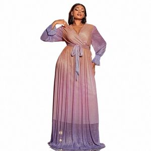 Plus Size Dama de Honra Dres Mulheres Fi Lg Manga Cinto Casamento Banquete Vestidos de Noite Elegante Gradiente Cor Partido Dres 83tl #