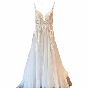 A- 라인 얇은징 웨딩 DRES Backl Court 기차 아플리케와 함께 신부 가운 Robe de Soiree Femme Beach Wedding Dr U82o#